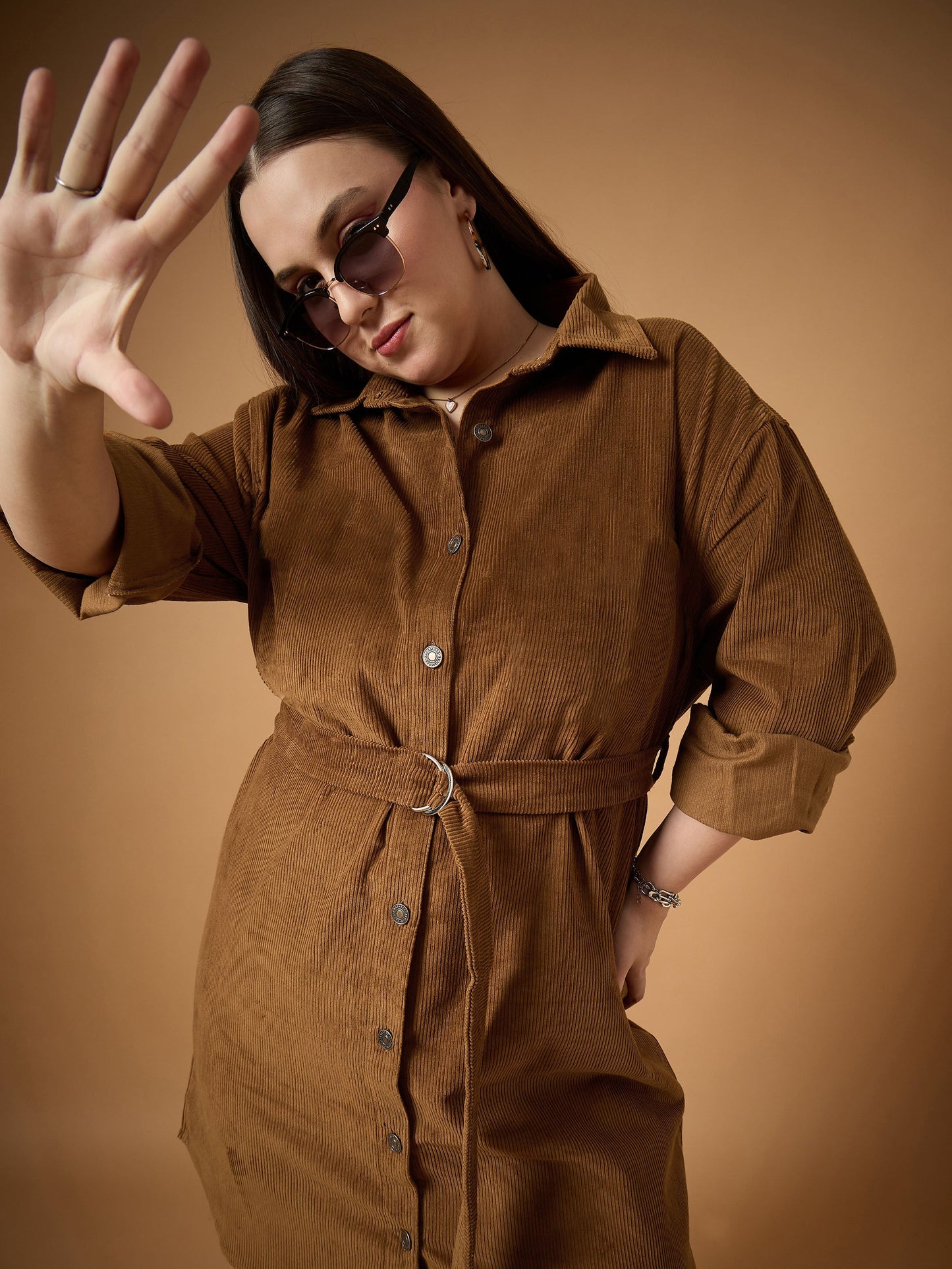 Brown Corduroy Front Button Dress