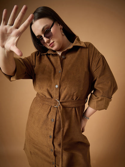 Brown Corduroy Front Button Dress
