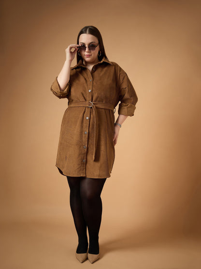 Brown Corduroy Front Button Dress