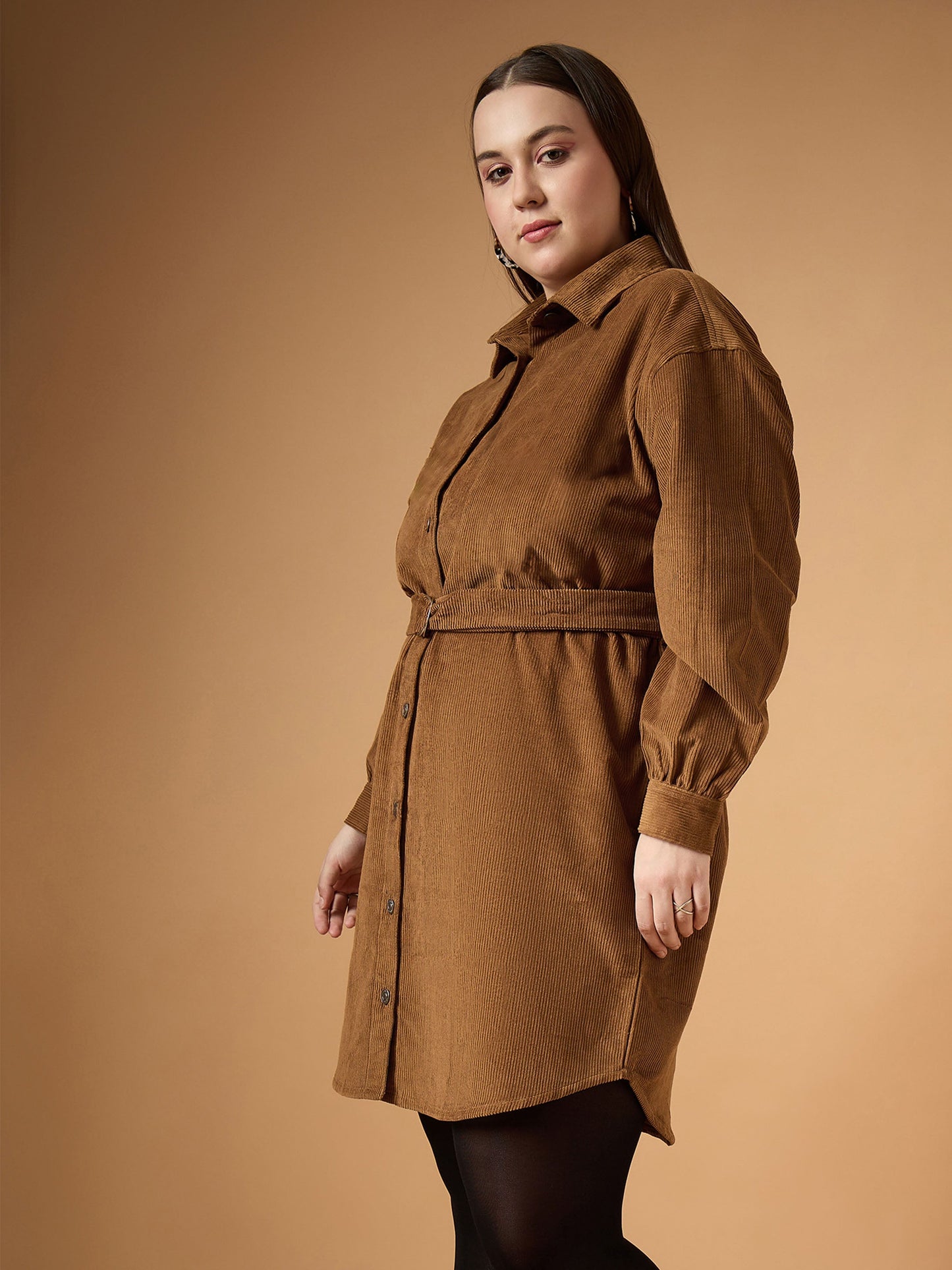 Brown Corduroy Front Button Dress
