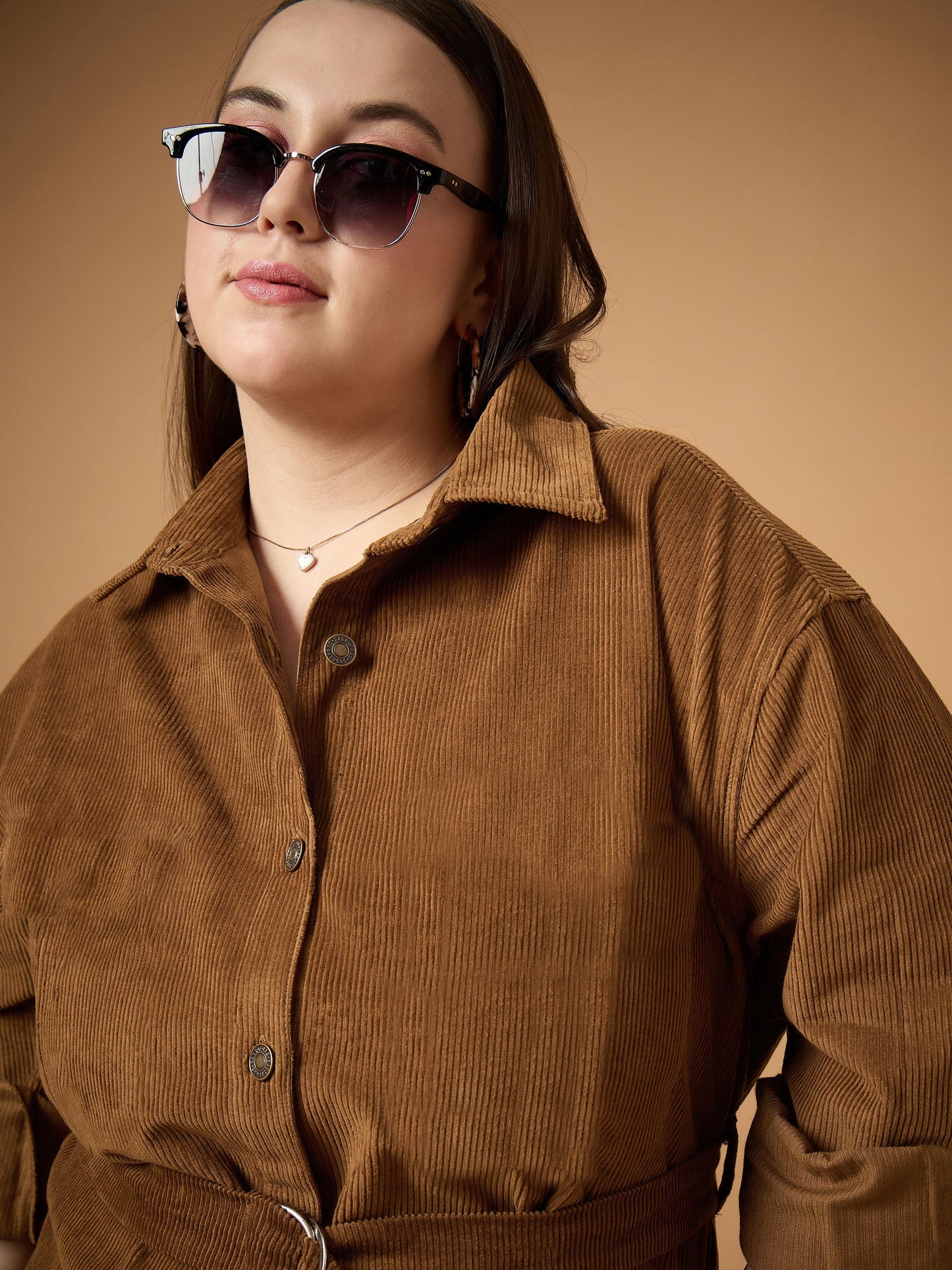 Brown Corduroy Front Button Dress