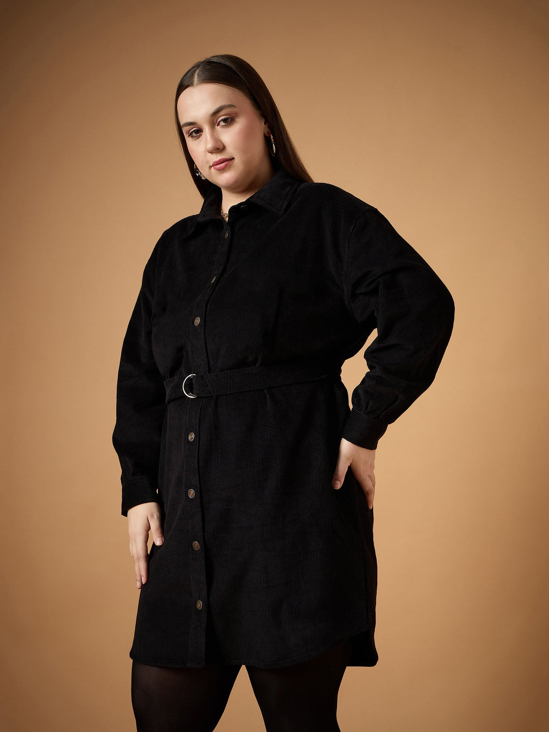Black Corduroy Front Button Dress-SASSAFRAS Curve