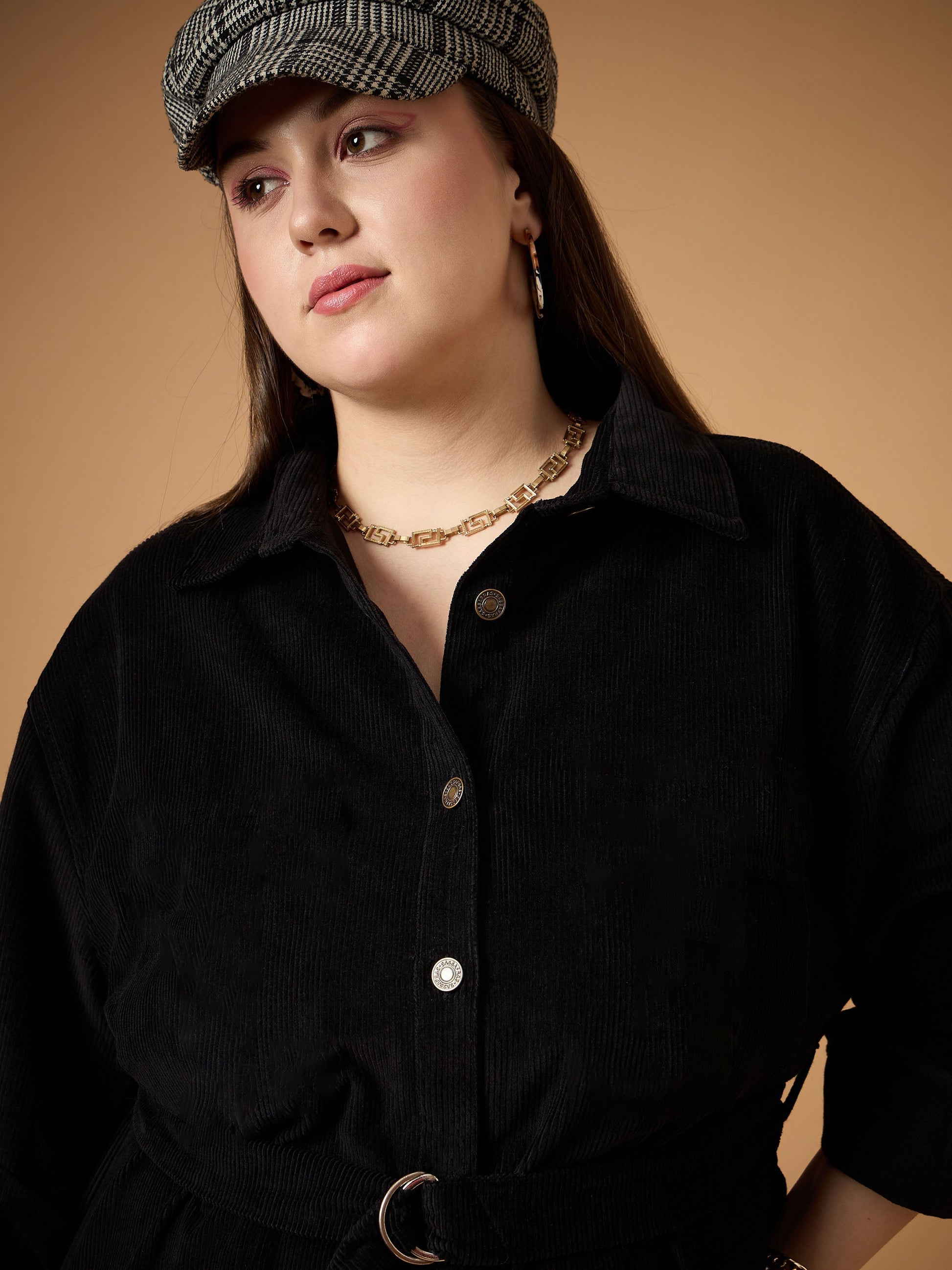 Black Corduroy Front Button Dress-SASSAFRAS Curve