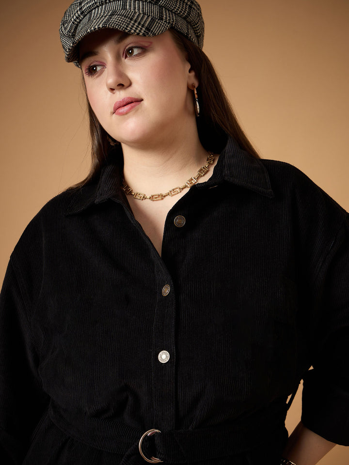 Black Corduroy Front Button Dress-SASSAFRAS Curve