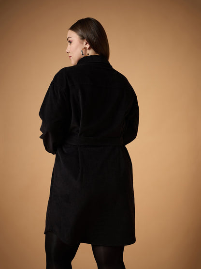 Black Corduroy Front Button Dress-SASSAFRAS Curve