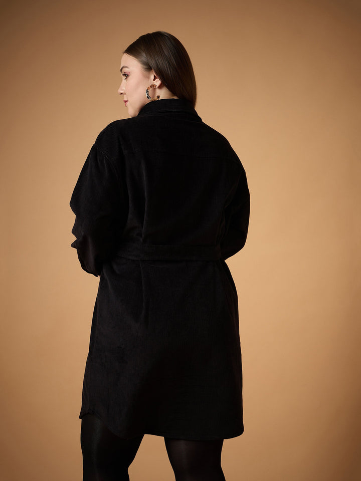 Black Corduroy Front Button Dress-SASSAFRAS Curve