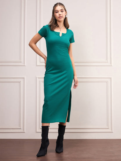 Bottle Green Rib V-Neck Midi Dress