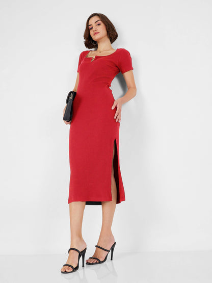 Women Red Rib V-Neck Midi Dress
