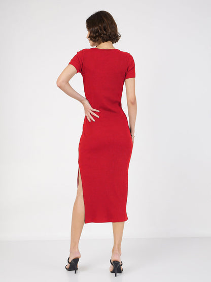 Women Red Rib V-Neck Midi Dress
