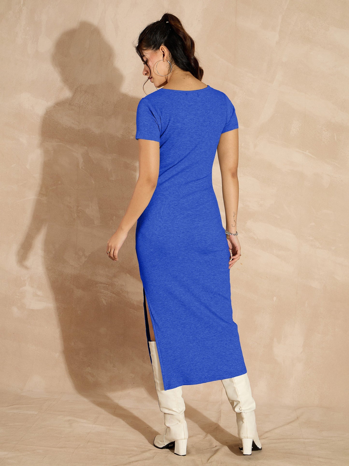 Royal Blue Rib V-Neck Midi Dress