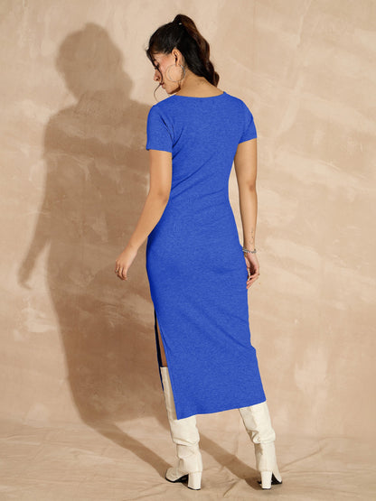Royal Blue Rib V-Neck Midi Dress