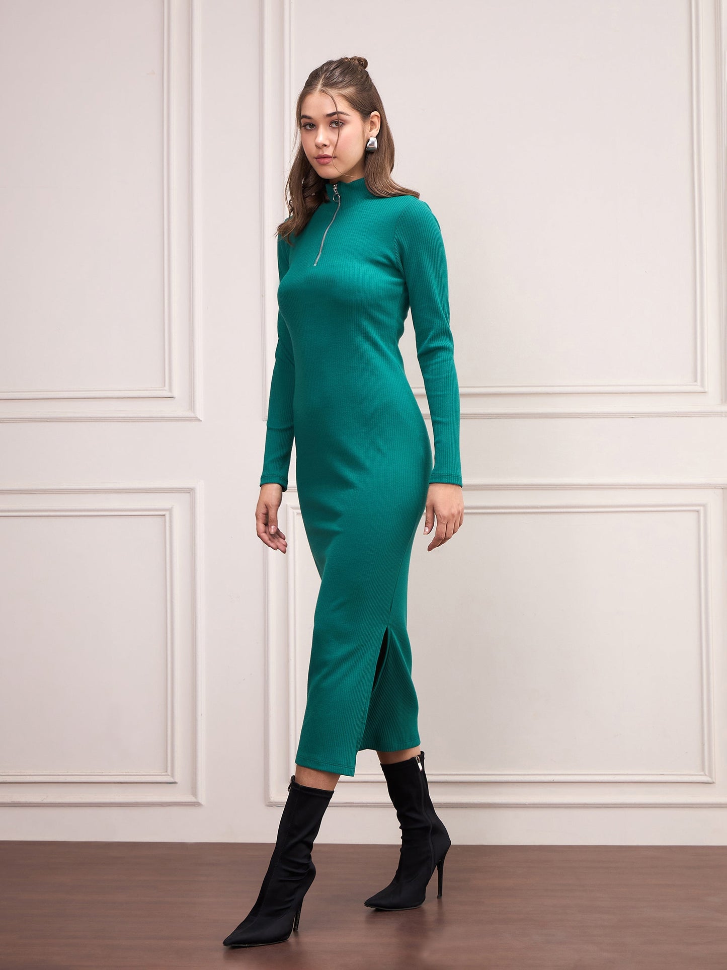 Women Bottle Green Rib High Neck Front Zipper Dress