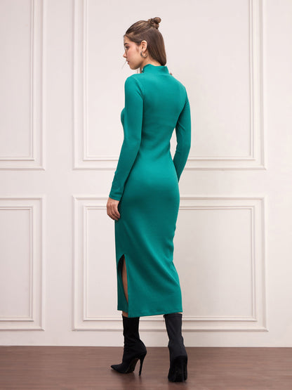 Women Bottle Green Rib High Neck Front Zipper Dress