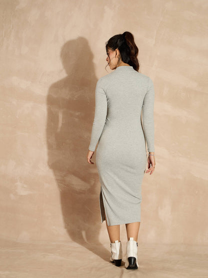 Women Grey Melange Rib High Neck Front Zipper Dress