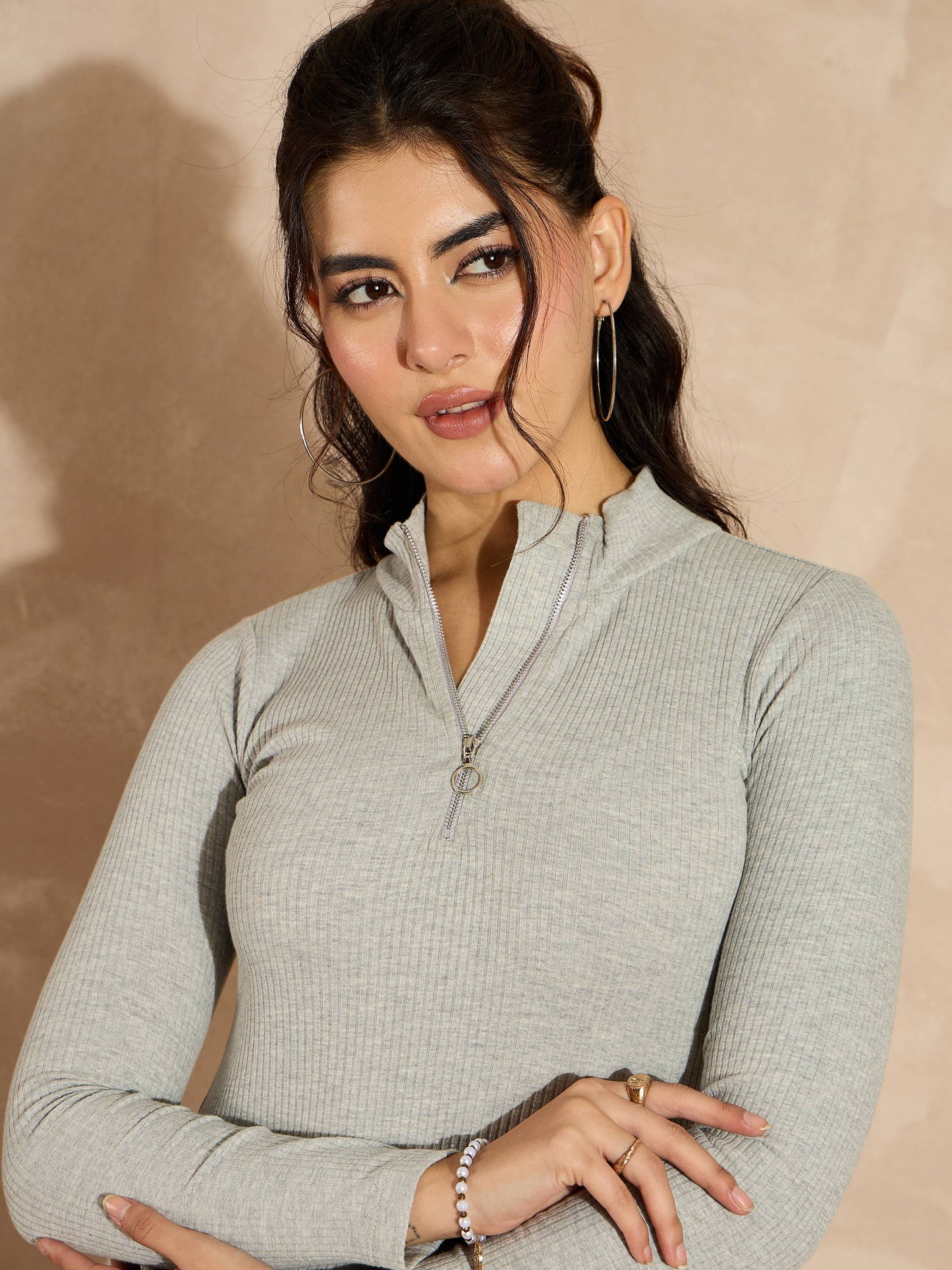 Women Grey Melange Rib High Neck Front Zipper Dress