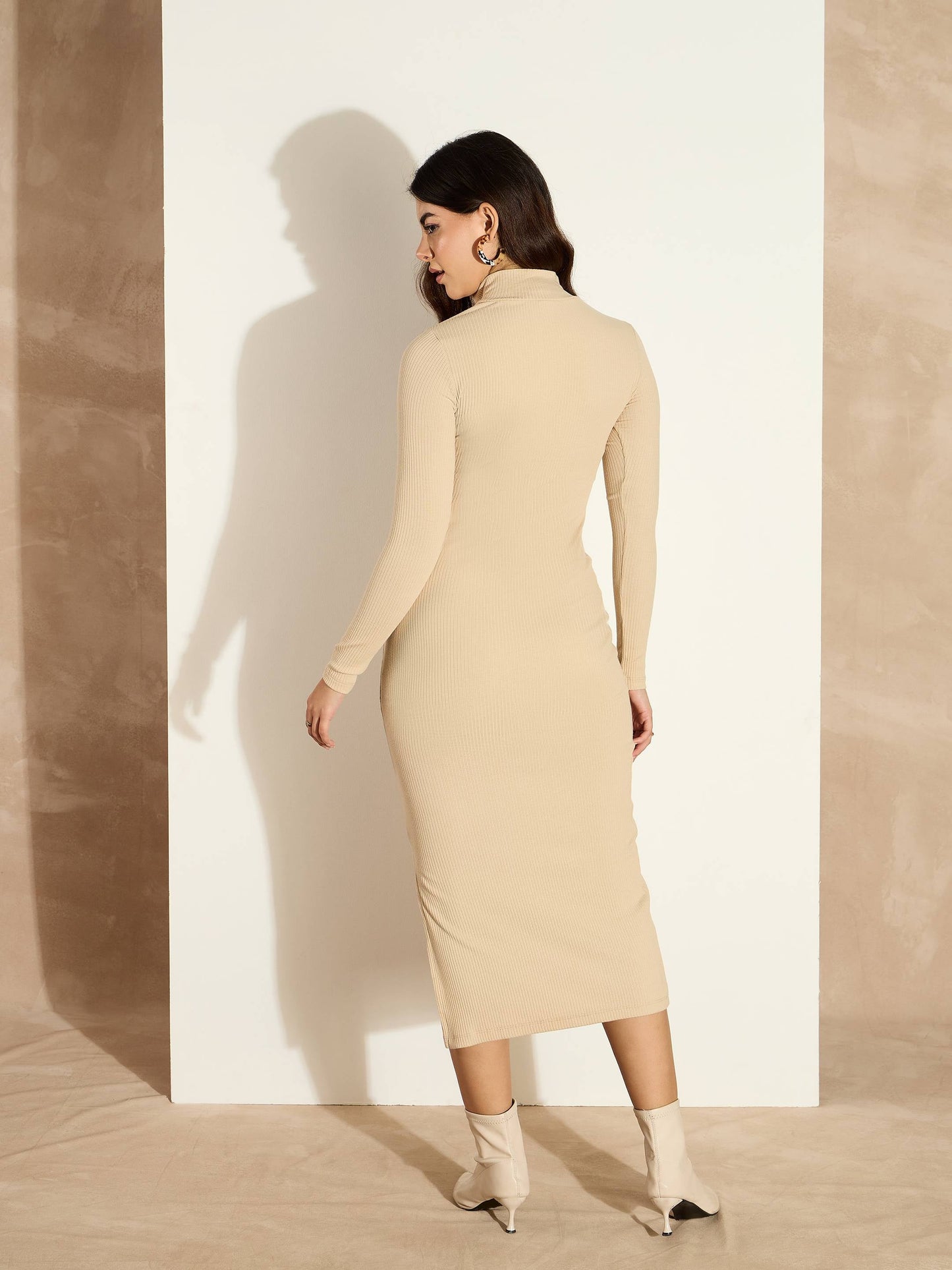 Women Beige Rib High Neck Front Zipper Dress