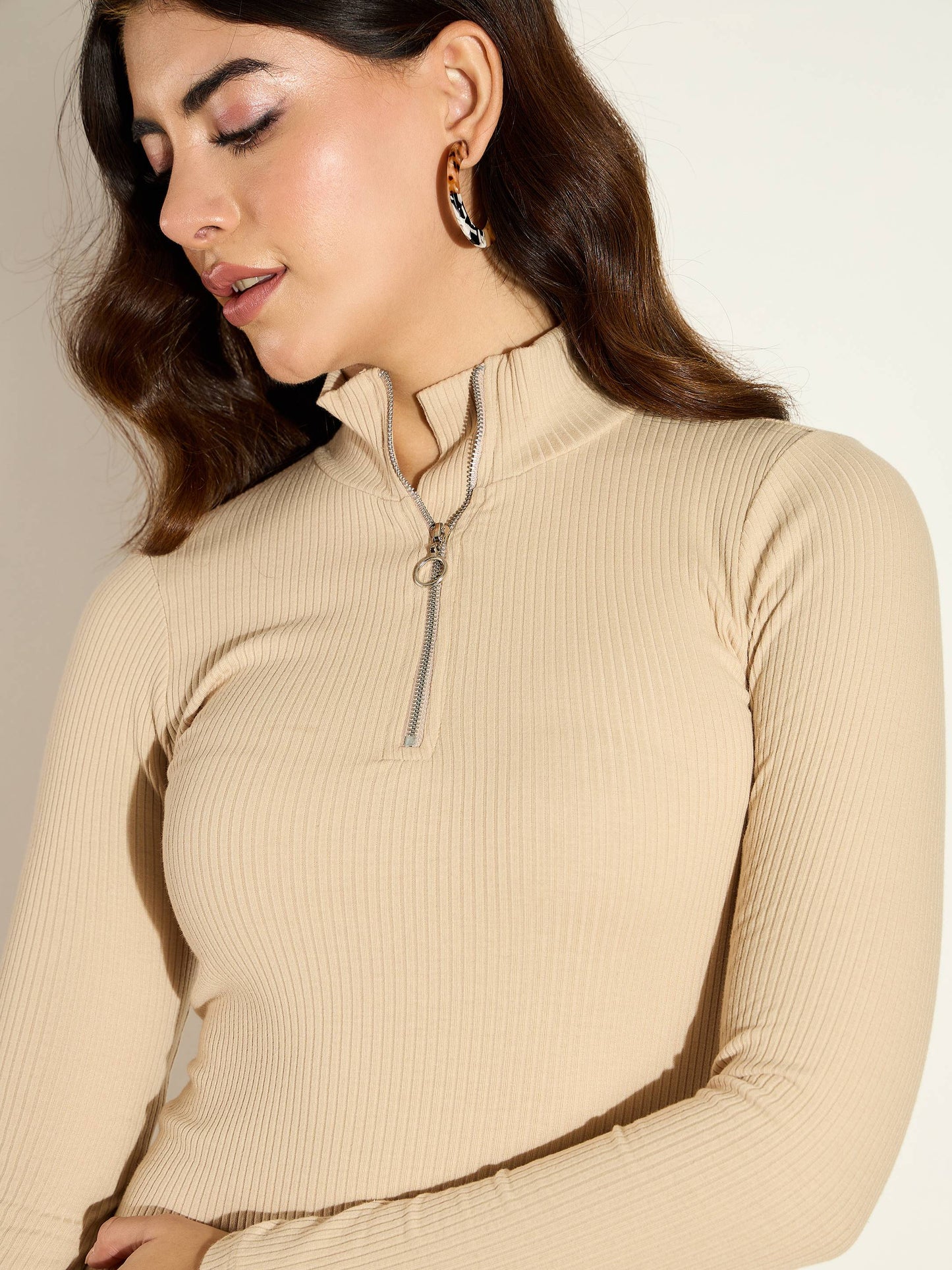 Women Beige Rib High Neck Front Zipper Dress