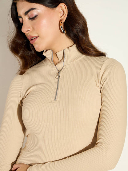 Women Beige Rib High Neck Front Zipper Dress