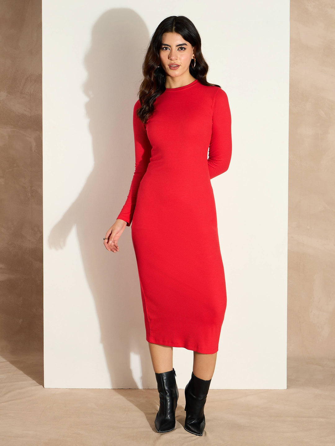 Women's Women Red Rib Bodycon Full Sleeves Midi Dress in Cotton by Sassafras for wholesale, bulk, supplier, manufacturer and wholesaler buyers from Trendphoria