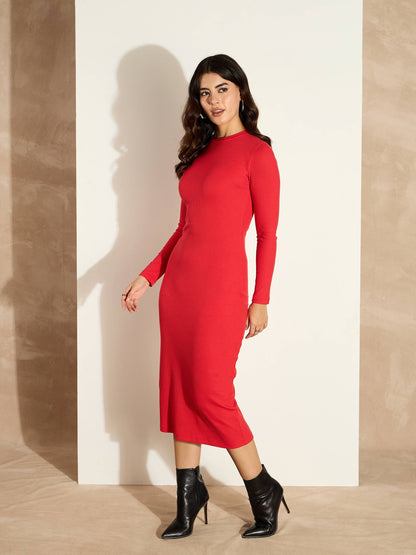 Women Red Rib Bodycon Full Sleeves Midi Dress