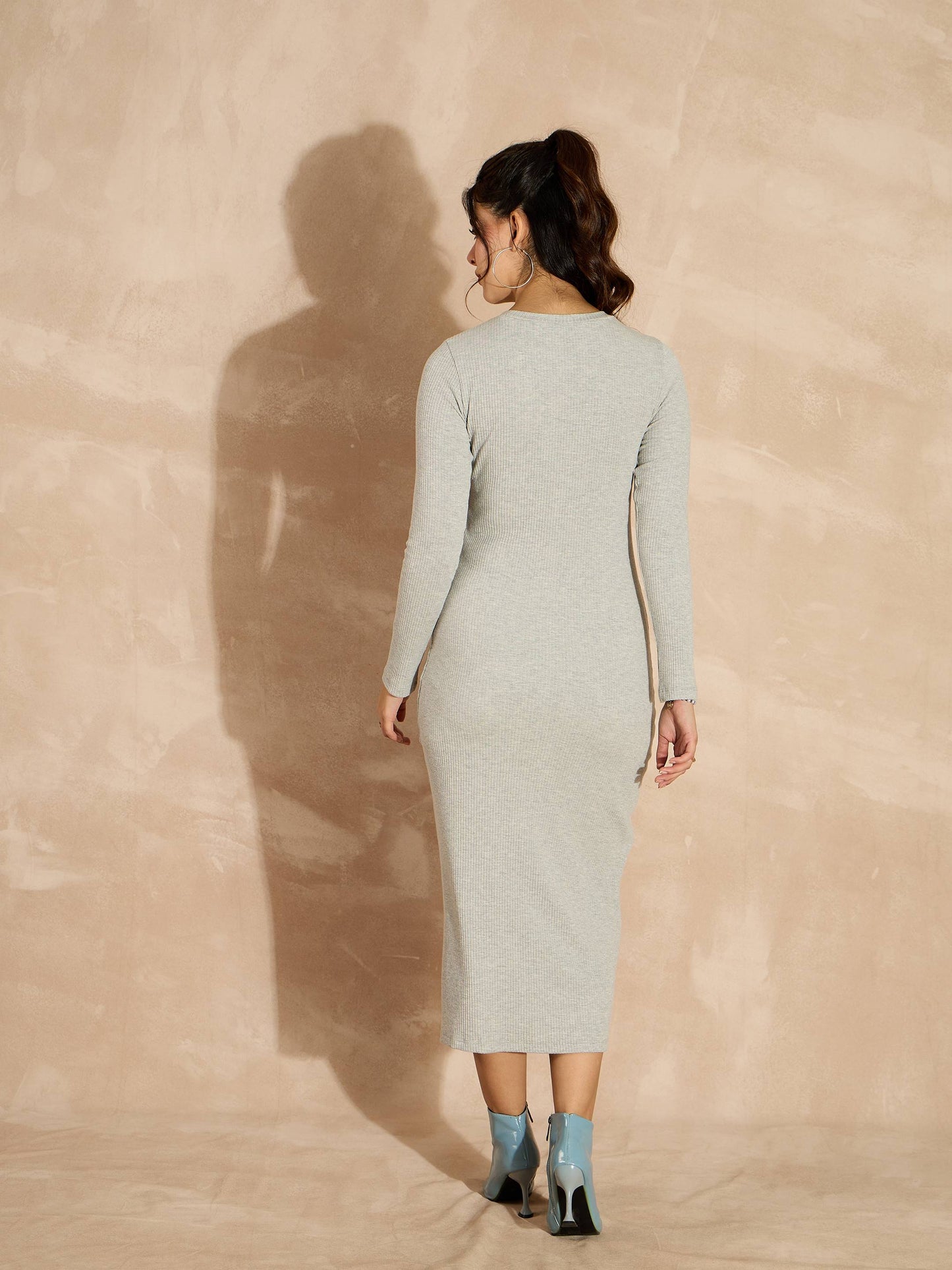 Women Grey Melange Rib Bodycon Full Sleeves Midi Dress