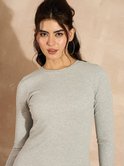 Women Grey Melange Rib Bodycon Full Sleeves Midi Dress