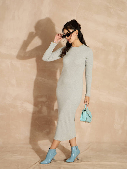 Women Grey Melange Rib Bodycon Full Sleeves Midi Dress