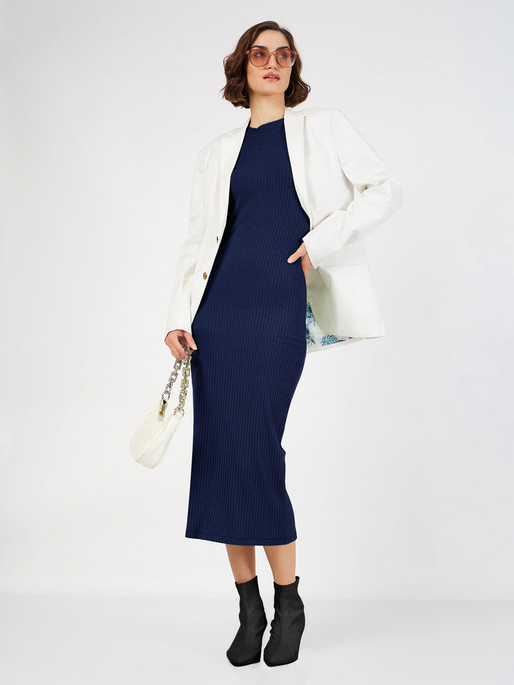 Women Navy Rib Bodycon Full Sleeves Midi Dress