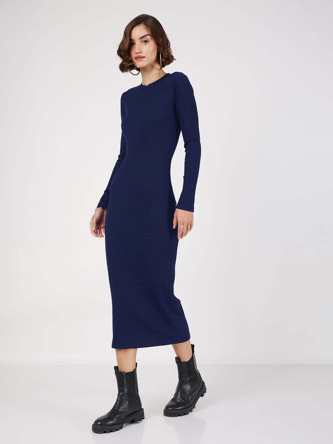 Women Navy Rib Bodycon Full Sleeves Midi Dress