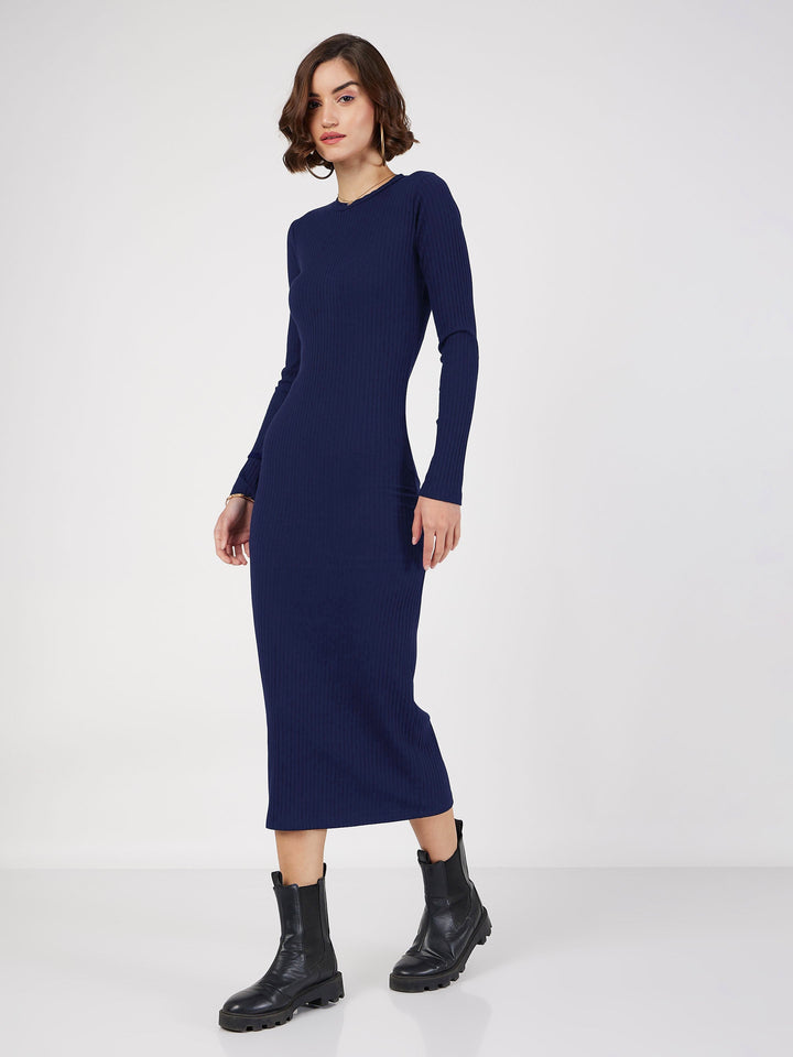 Women Navy Rib Bodycon Full Sleeves Midi Dress