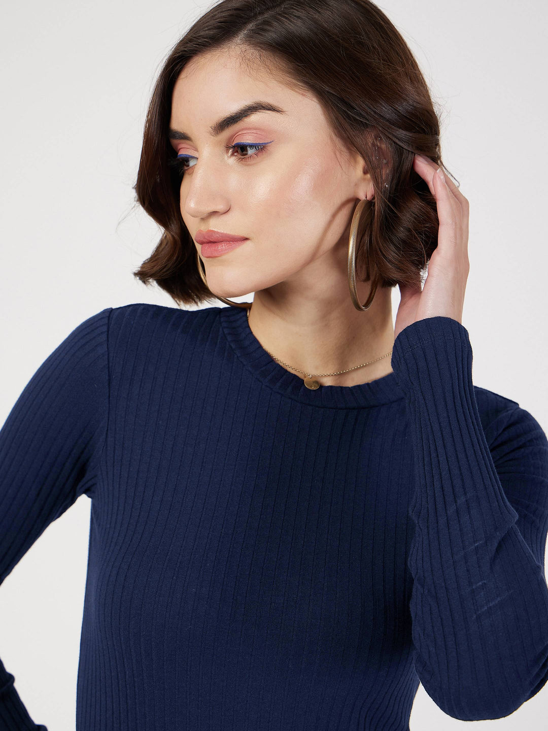 Women Navy Rib Bodycon Full Sleeves Midi Dress