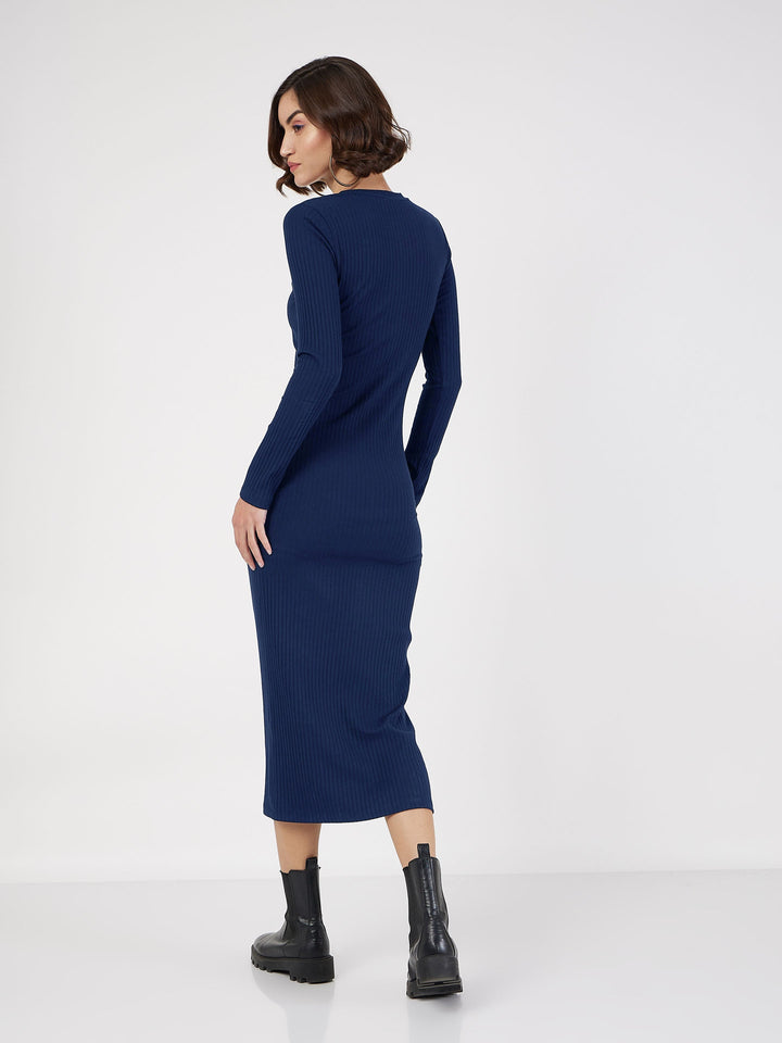 Women Navy Rib Bodycon Full Sleeves Midi Dress