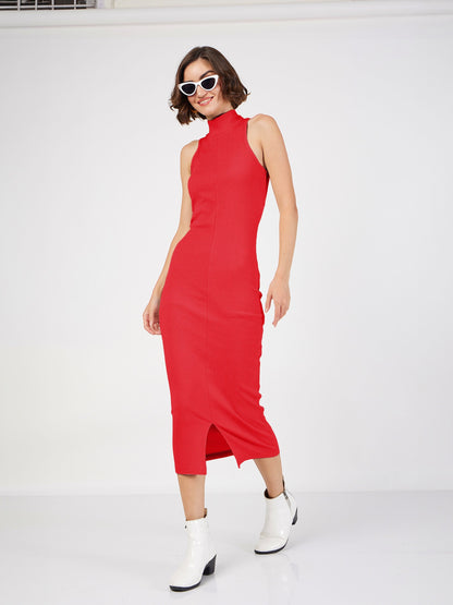 Red Rib Turtle Neck Sleeveless Midi Dress