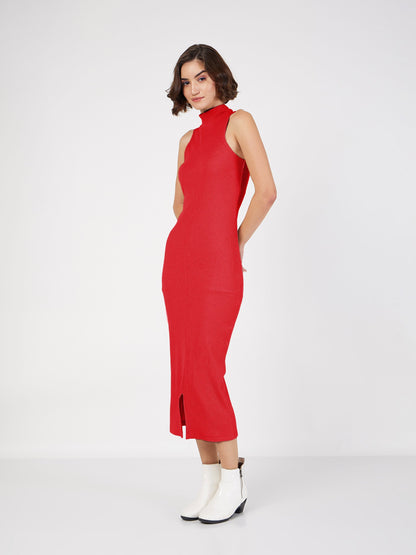 Red Rib Turtle Neck Sleeveless Midi Dress