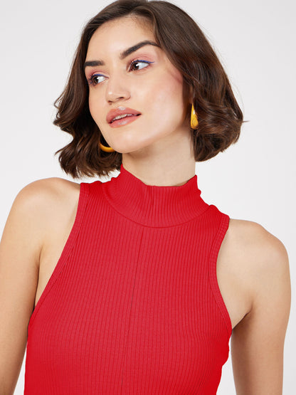 Red Rib Turtle Neck Sleeveless Midi Dress