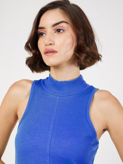 Royal Blue Rib Turtle Neck Sleeveless Midi Dress