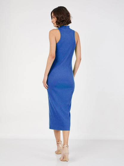 Royal Blue Rib Turtle Neck Sleeveless Midi Dress