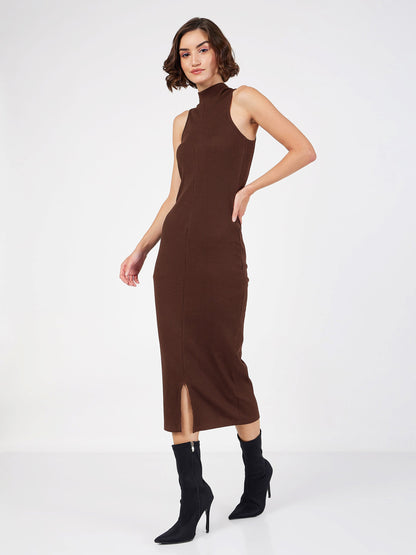 Dark Brown Rib Turtle Neck Sleeveless Midi Dress