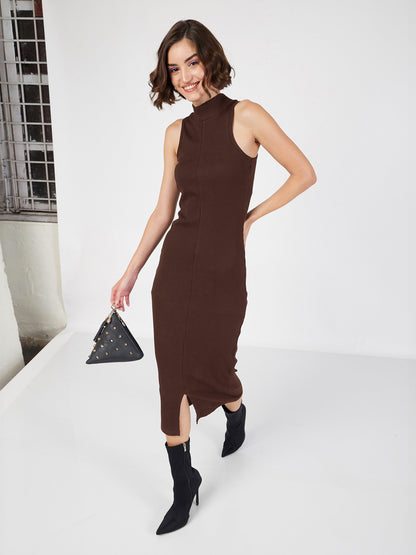 Dark Brown Rib Turtle Neck Sleeveless Midi Dress