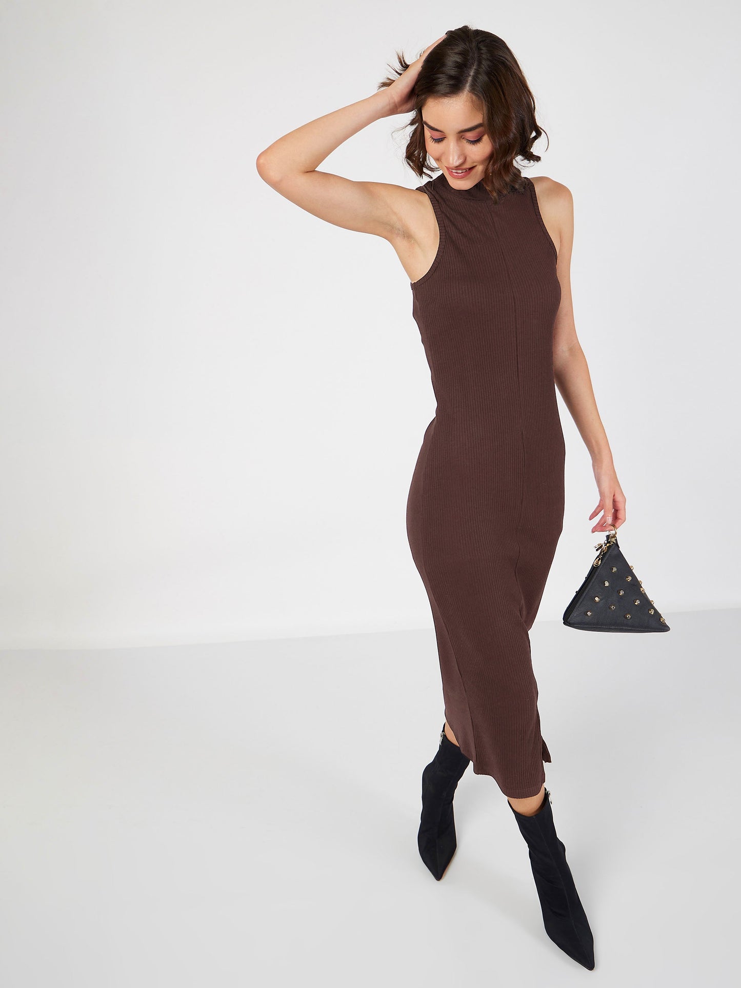 Dark Brown Rib Turtle Neck Sleeveless Midi Dress