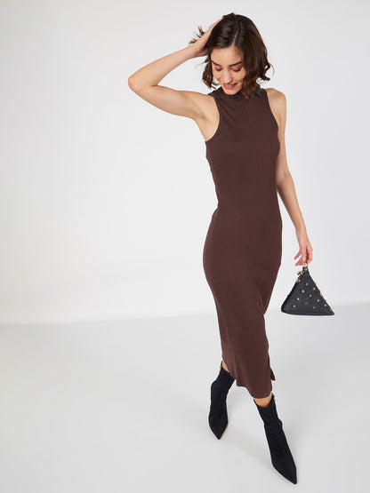 Dark Brown Rib Turtle Neck Sleeveless Midi Dress