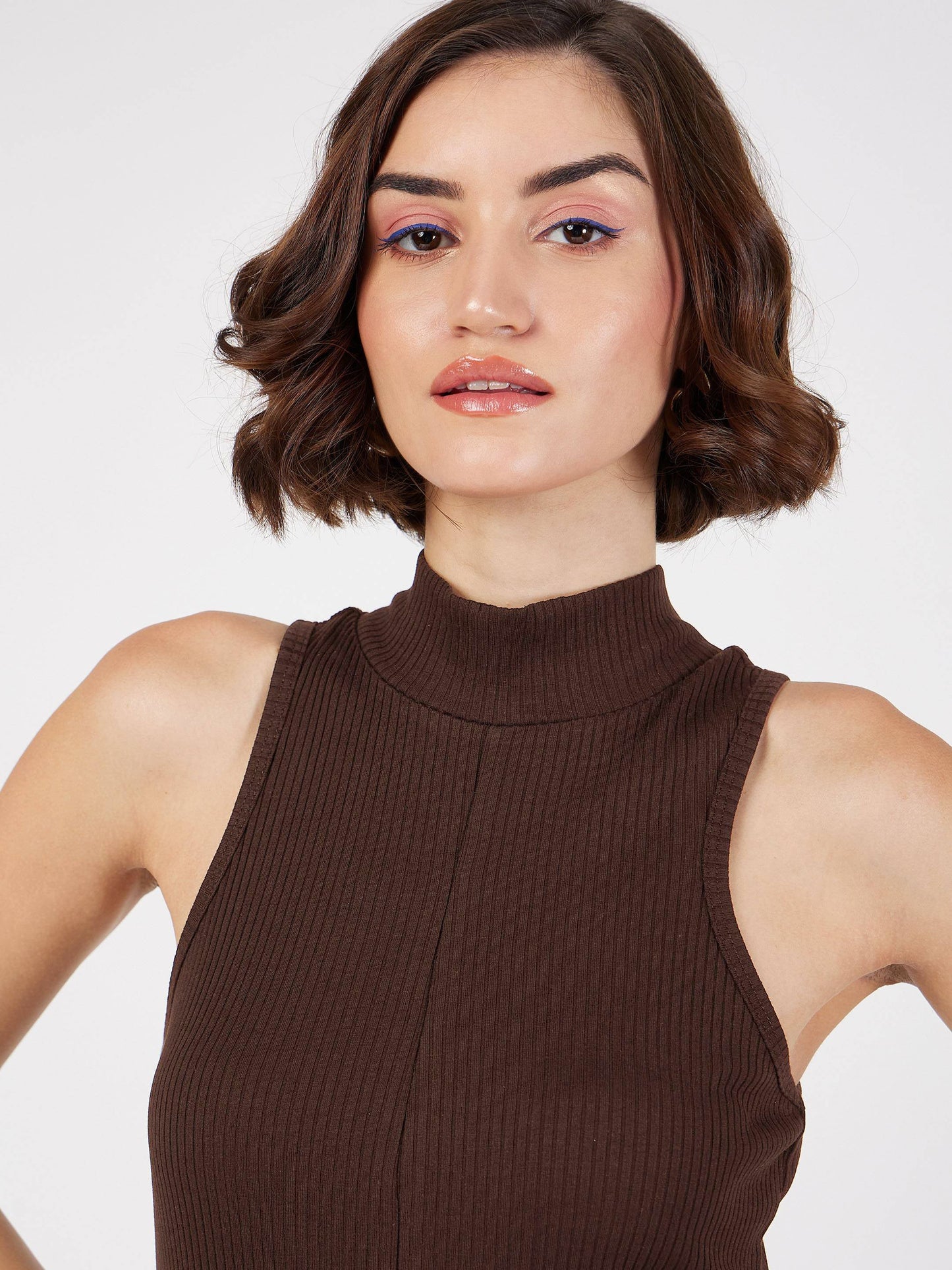 Dark Brown Rib Turtle Neck Sleeveless Midi Dress