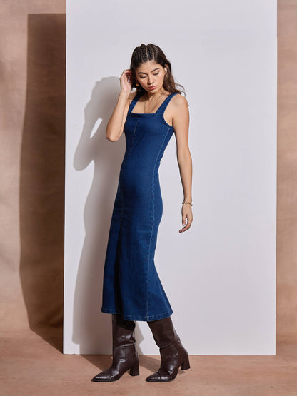 Women Navy Blue Denim Strappy Midi Dress