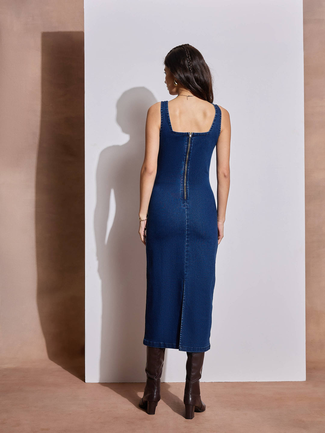 Women Navy Denim Strappy Midi Dress
