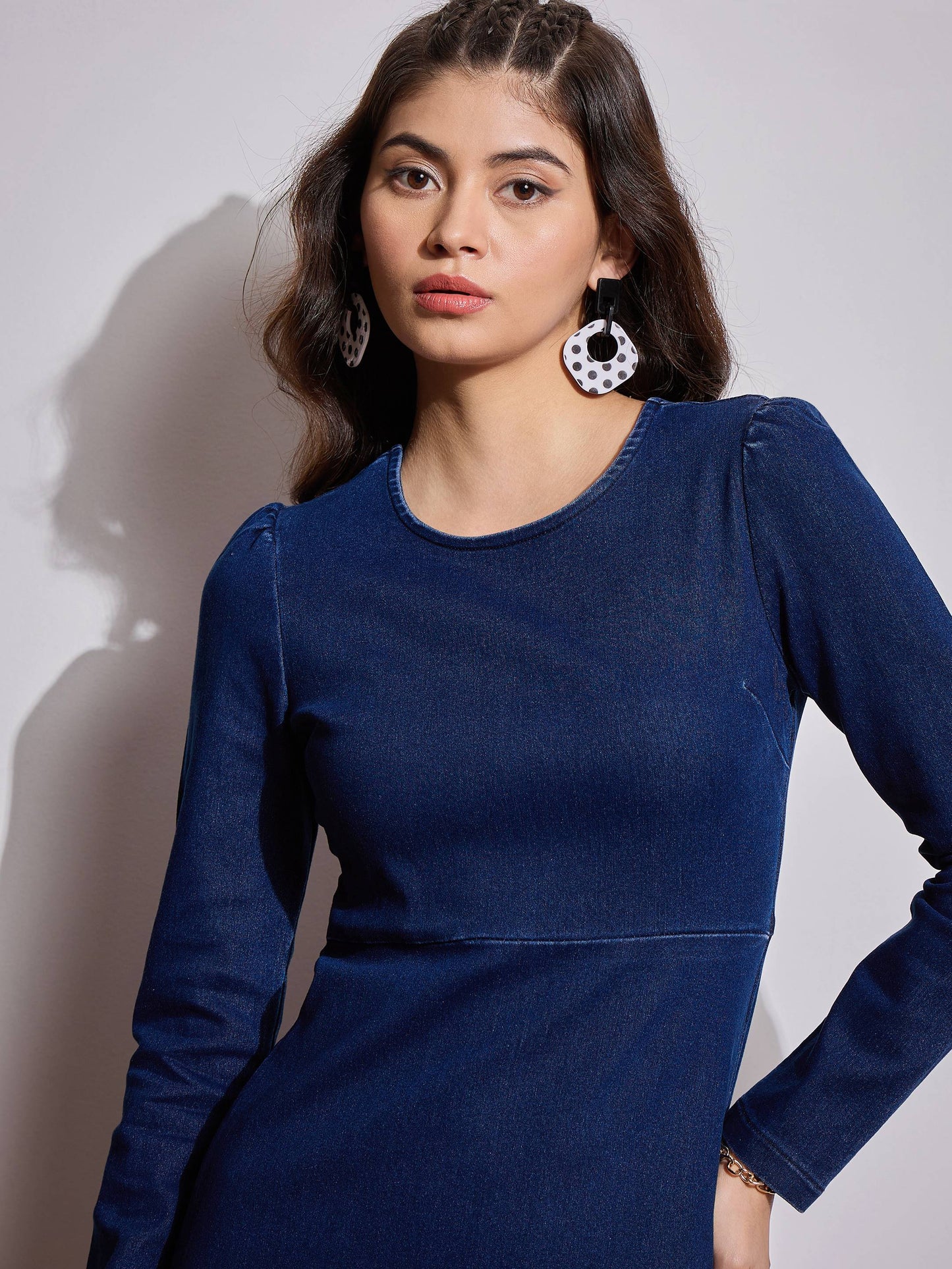 Navy Blue Denim Flared Hem Short Dress