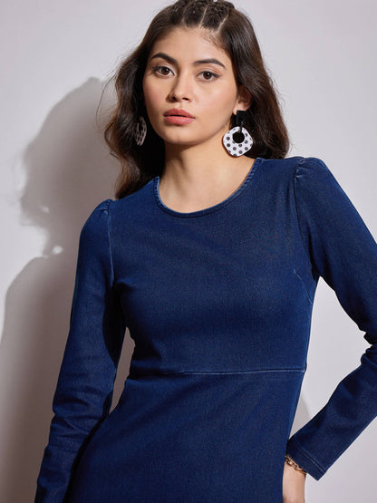 Navy Blue Denim Flared Hem Short Dress