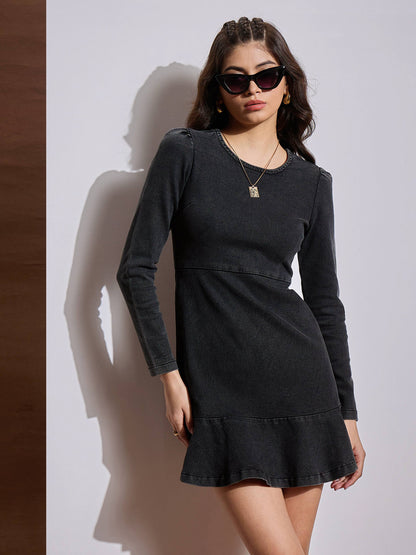 Black Washed Denim Flared Hem Short Dress
