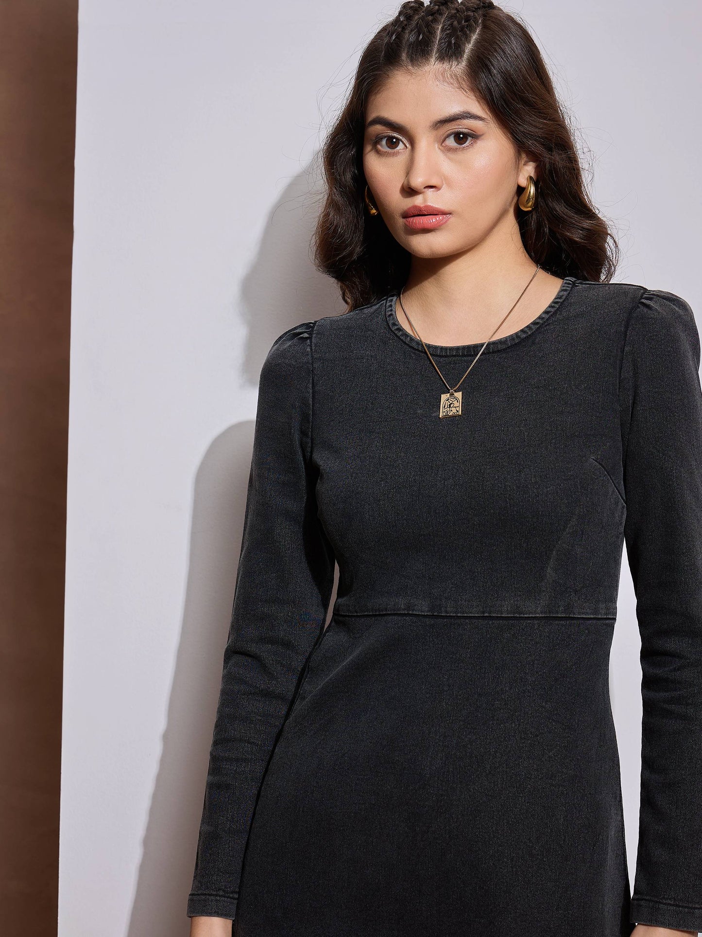 Black Washed Denim Flared Hem Short Dress