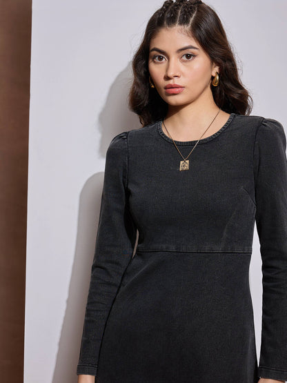 Black Washed Denim Flared Hem Short Dress