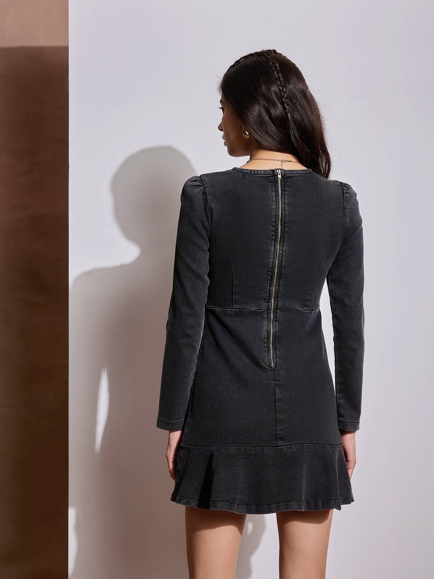 Black Washed Denim Flared Hem Short Dress